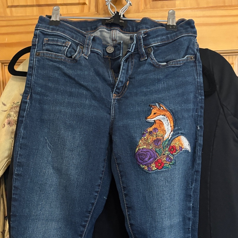Banana Republic Blue Jeans with Fox and Floral Design